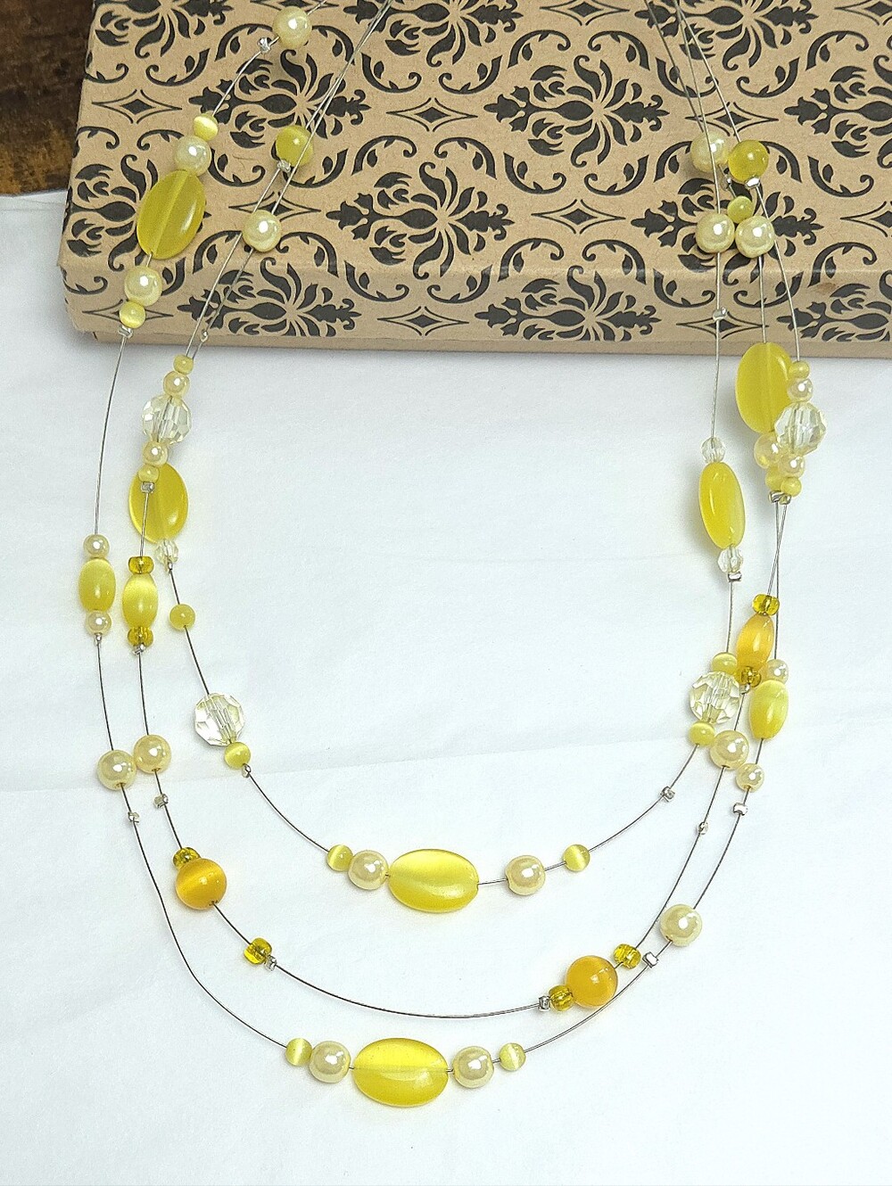 Handmade Yellow & Orange Cats Eye Beaded Multi Strand Wire Necklace 18-20"